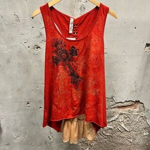 Only Sky Vintage Y2K Red Grunge Cross Graohic Braid Detail Tank Top Large L 00s